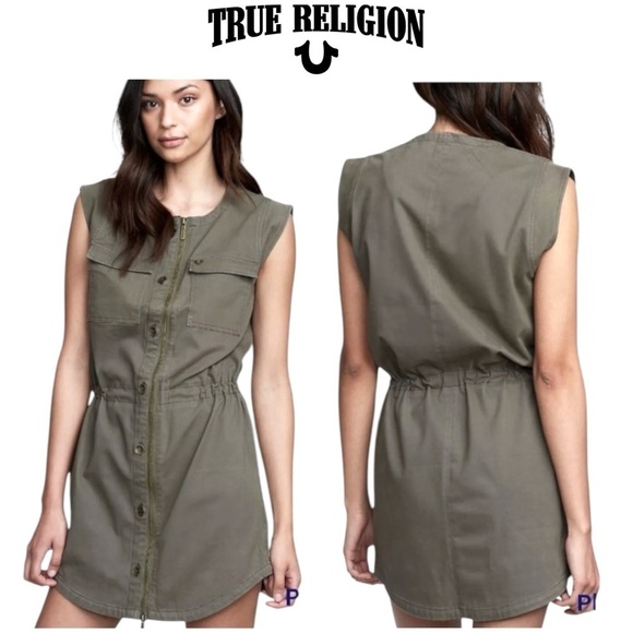 True Religion Women's Military Utility Dress in Militant Green, sleeveless, NWT - Picture 1 of 16